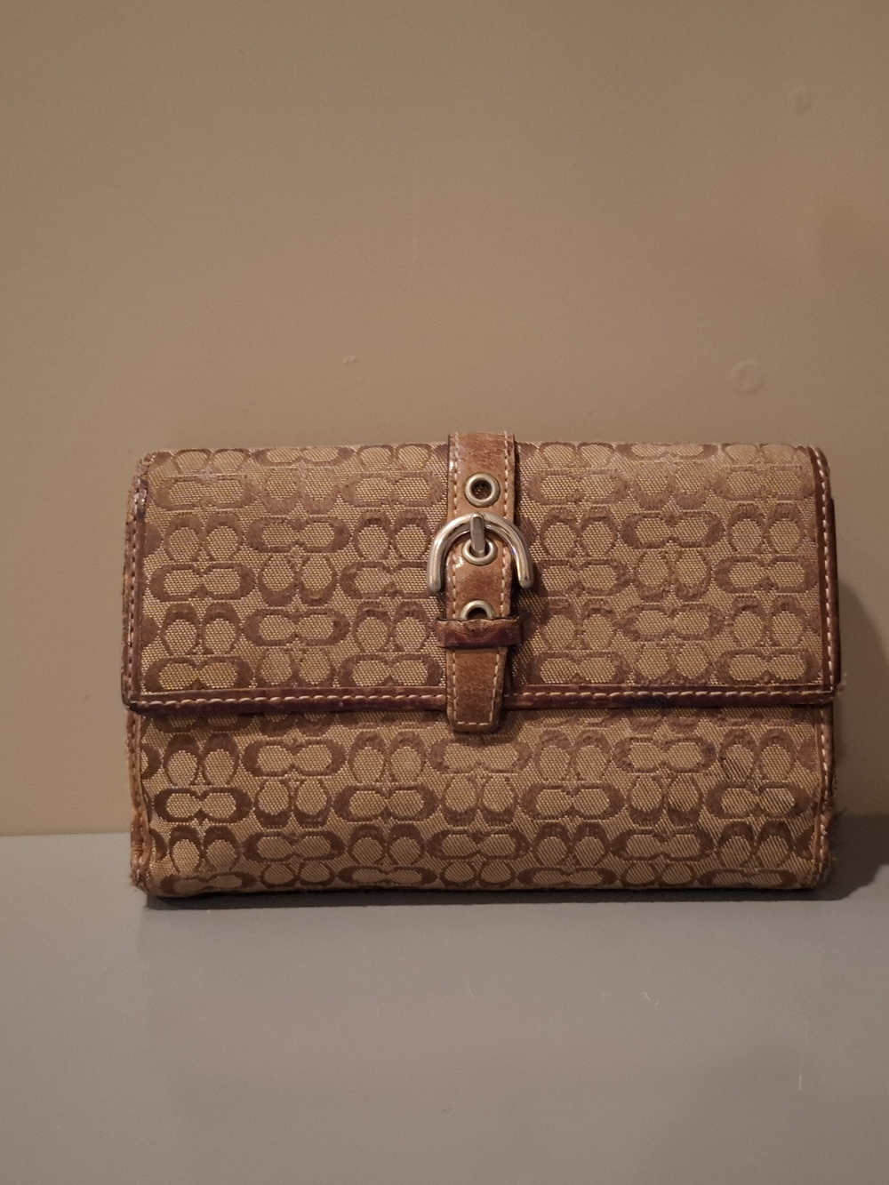 Coach Beige Signature Canvas Wallet with Brown Leather Trim